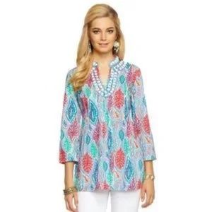 Lilly Pulitzer Sarasota Beaded Tunic Blouse Top Shirt Multi Let Minnow Blue S